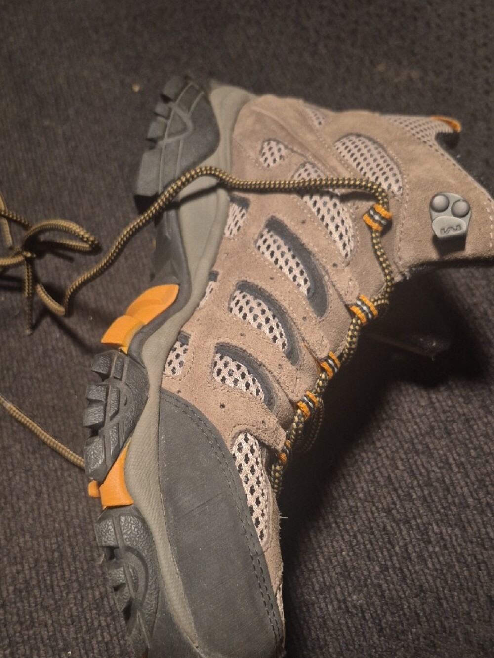 Merrell Taupe and Black Hiking Boots with Yellow Accents - Picture 6 of 9